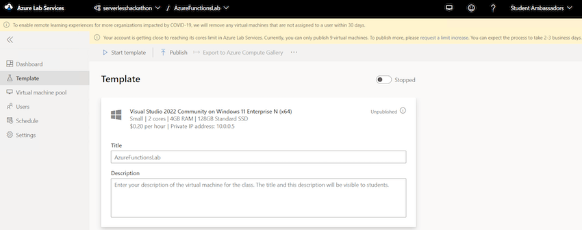template VM initially stopped.